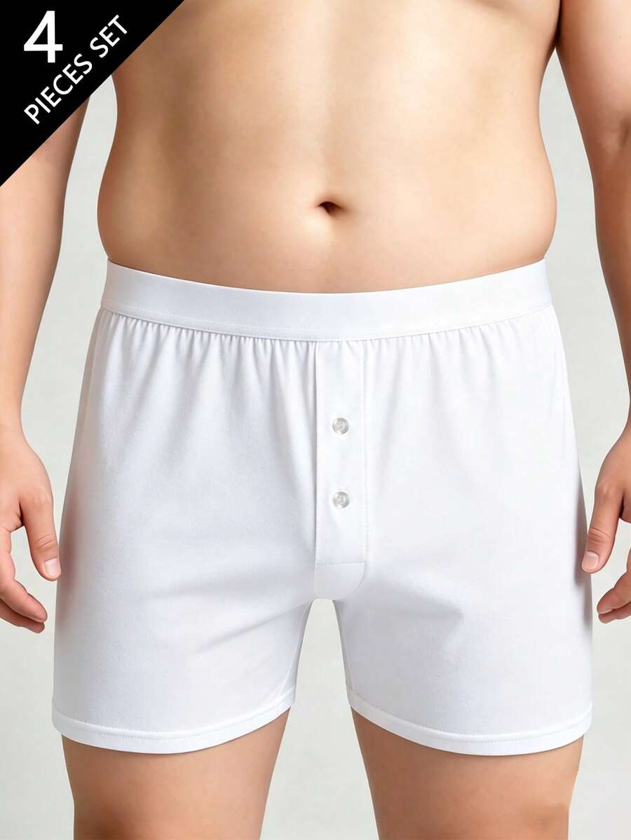 Norcotton 男士純棉白色鈕扣門襟休閒短褲 4 件組,寬鬆中腰休閒睡褲,大尺碼 - 白色 - 查看 1