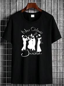 New Orleans Louisiana Jazz Commemorative T-Shirt, Stretchy, Versatile, Soft, Street Fashion, Slightly Unisex Designer Top, Casual Apparel, - Black - View 1