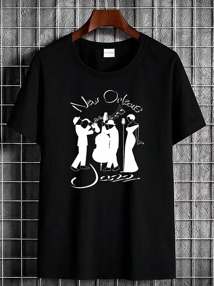 New Orleans Louisiana Jazz Commemorative T-Shirt, Stretchy, Versatile, Soft, Street Fashion, Slightly Unisex Designer Top, Casual Apparel, - Black - View 1
