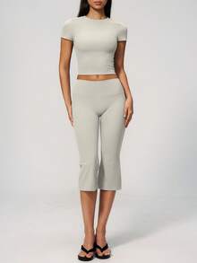 TimeOff Women's One Set Solid Color Round Neck Cropped Short Sleeve Flared Mid-Length Pants Sports Outfit - Grey - View 5