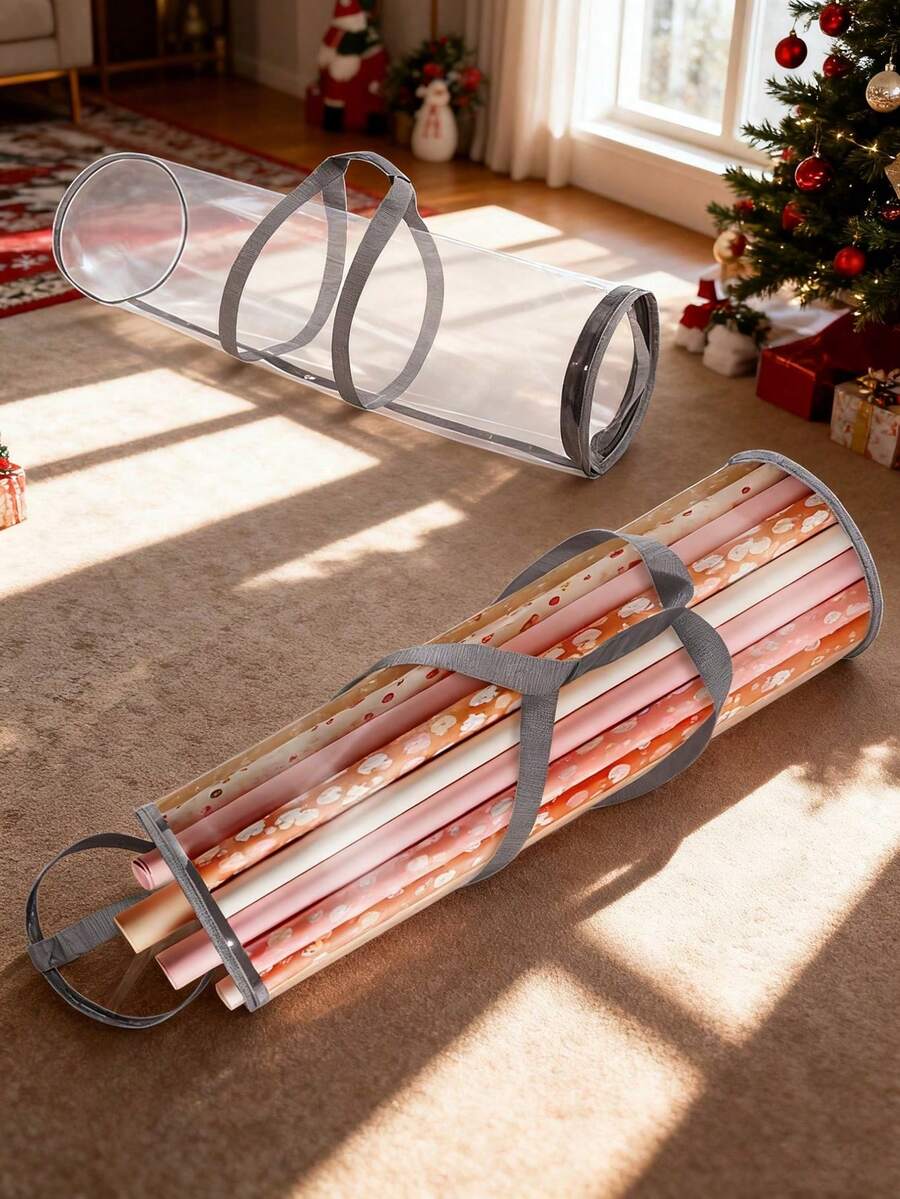 1pc Clear Gift Wrap Storage Bag, Transparent Wrapping Paper Organizer With Handles, Portable Tube Container, Durable Storage Holder For Holiday Party Decoration Supplies, Perfect Gifts Organization Gray - Grey - View 1