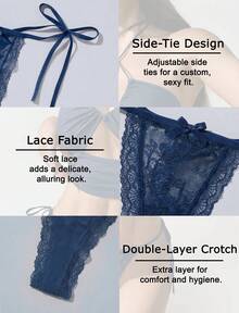 Aivtalk Bragas de Mujer con Lazos Laterales, Tanga de Encaje con Lazo, Ropa Interior Ajustable, Tanga de Cintura Baja Transparente, Talla S - Azul - Ver 3