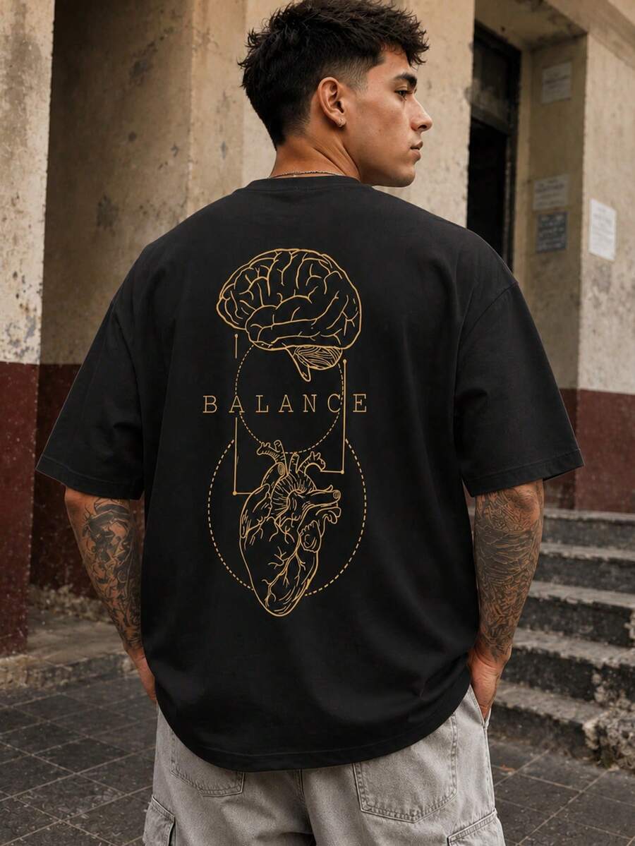 Fractyr 男士街头风圆领T恤 “BALANCE” 脑心解剖线条艺术印花,宽松休闲短袖上衣 - 黑色 - 查看 1