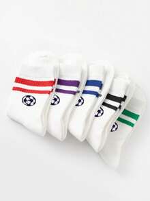 1/5 pares de calcetines deportivos blancos de media caña para niños, estilo primavera/verano, diseño clásico de doble raya de colores con patrón de fútbol, suaves y amigables con la piel, cómodos, versátiles y casuales para estudiantes, adecuados para la vuelta al colegio, eventos deportivos, uso diario/regalos de vacaciones/Copa del Mundo/temporada de vuelta al colegio - Multicolor - Ver 2