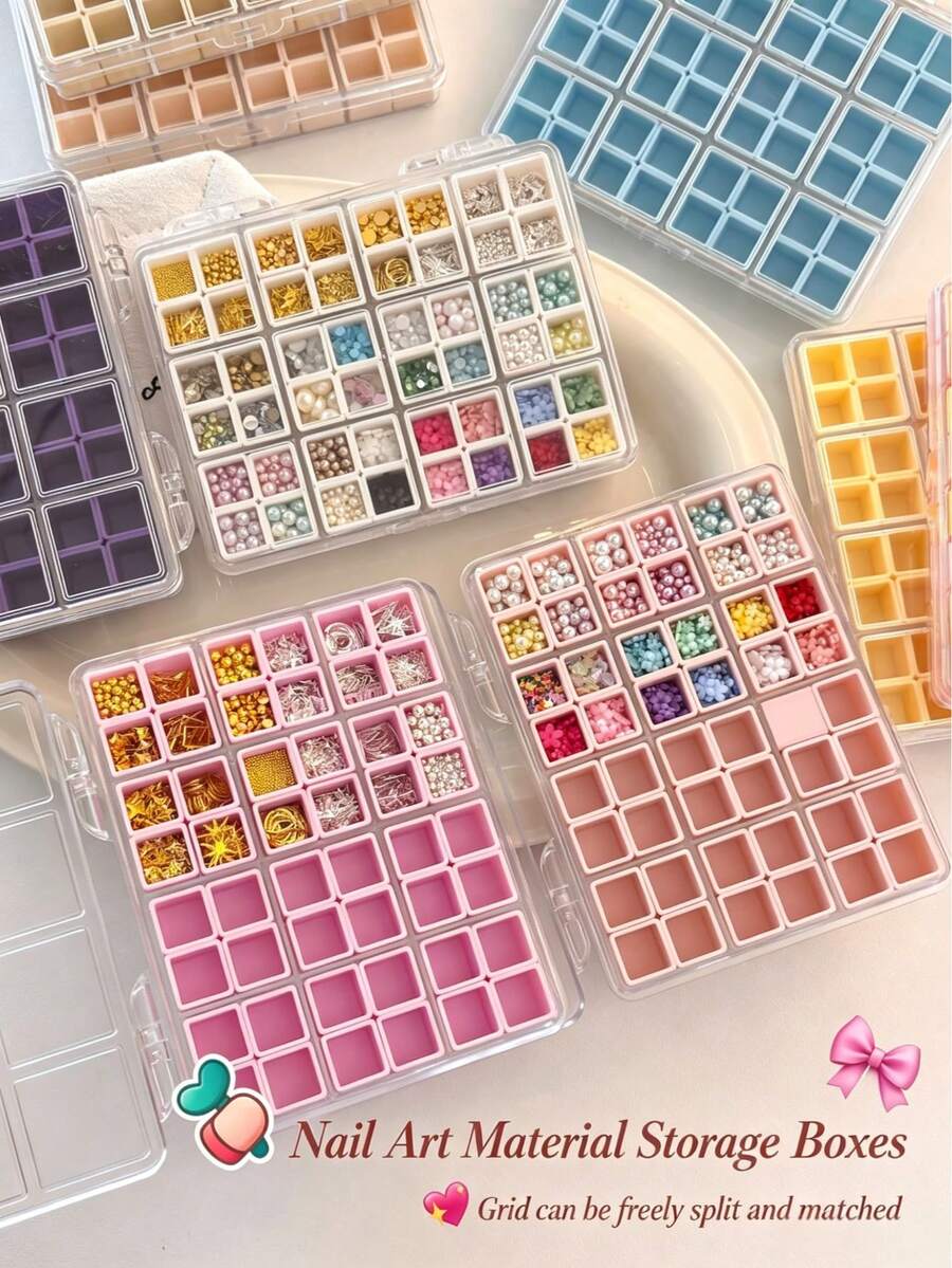 48-Grid Transparent Acrylic Nail Art Rhinestone Storage Box, Dust-Proof Compartment Organizer For Nail Art Decorations, Beads, Gemstones, Jewelry, Nail Salon Supplies, Empty Rhinestone Display Box - Multicolor - View 1