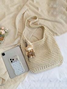Fashionable Niche Design Hollow Woven Shoulder Bag, Multifunctional Leisure Vacation Style Armpit Bag, Simple Daily Cute Pendant Large Capacity Bag - Beige - View 9