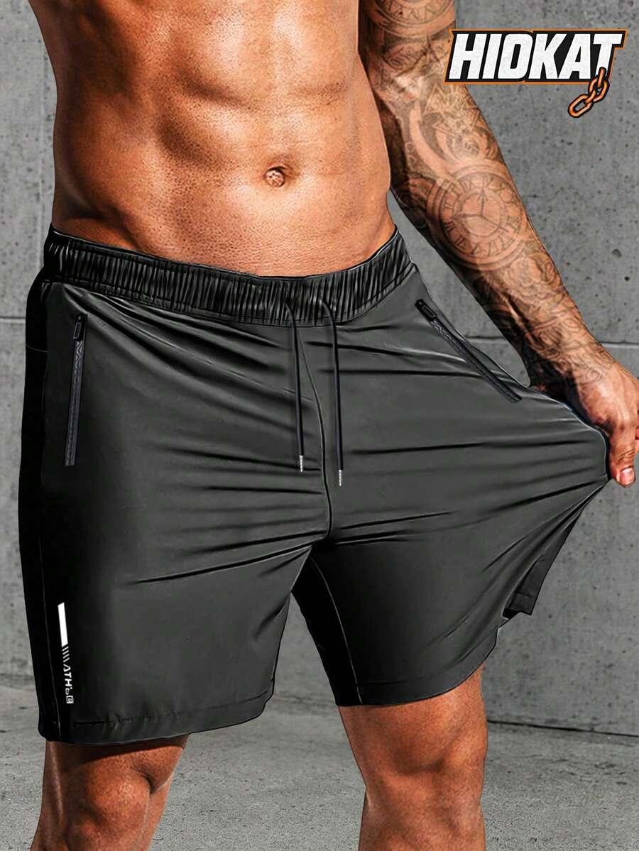 Pantalones cortos de verano para hombres, de nailon, con alta elasticidad, cordón, cremallera, bolsillos con estampado reflectante, estilo casual, unicolor, ajuste regular, negro, deportivos