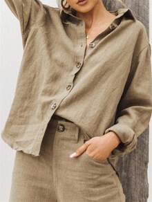 Spring/Summer 2026, European And American Fashion, Women's Loose Fit Long Sleeve Shirt With Reversible Collar In Cotton And Linen - 灰色 - 查看 8