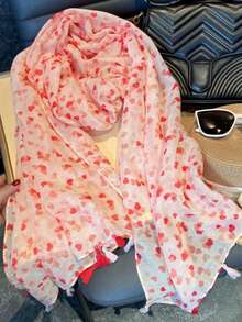 1pc New Sweet Heart Tassel Scarf For Women, Thin Spring/Summer Sun Protection Shawl For Travel, Beach And Air-Conditioned Room - Pink - View 4