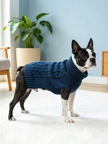 1pc High Elasticity Dog Sweater, Soft Knitted High Neck Pet Winter Clothing, Classic Cable Knit Puppy Pullover, Suitable For Small, Medium And Large Dogs - Navy Blue - View 6