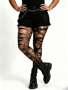 1 Pair Women's Personalized Ripped Tights, Gothic Punk Style, Fashion Enthusiasts' First Choice, Suitable For Daily Wear And Daily Matching - Black - View 1