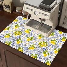1pc, Home Decor, Lemon Plaid Pattern Printed Dish Drying Mat, Coffee Machine Absorbent Mat, Sink Drainage Mat, Cup Absorbent Mat, Kitchen Supplies, Bathroom Supplies, Kitchen Countertop Decor - Multicolor - View 5
