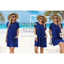 TEMOFON Women's Summer T-Shirt Dress, Short Sleeve, Loose Fit, With Pocket, Casual Dress, Fashionable Summer Dress, Solid Black, Size XL - 藍色 - 查看 5