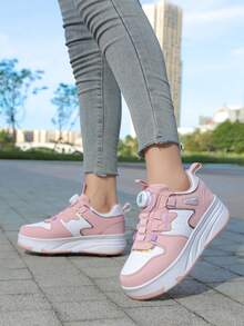 Scarpe da pattini a 4 ruote per ragazze, scarpe da pattinaggio per bambini e adolescenti, scarpe da pattini in pelle PU leggere e resistenti per tutte le stagioni, scarpe da pattini alla moda con fibbia rotante regolabile e ruote doppie nascoste, ruote rimovibili, scarpe da pattinaggio 2 in 1, pattini in linea, scarpe sportive con ruote per adolescenti - Rosa - Visualizzare 6