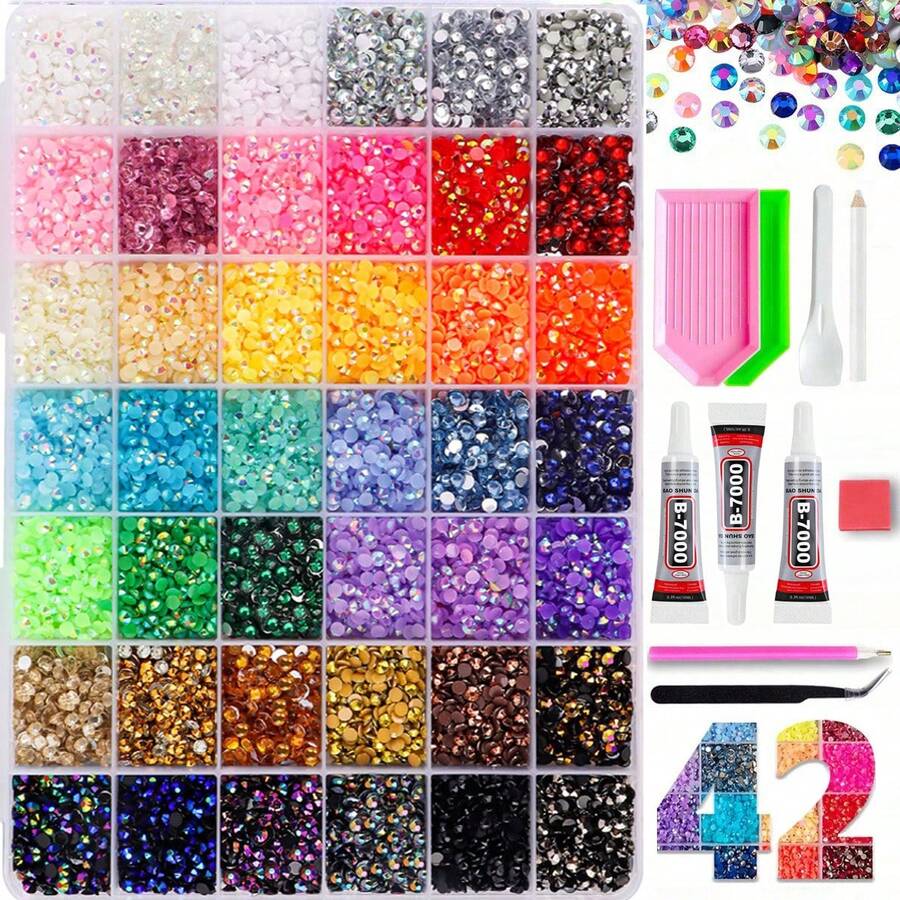 42 Colors Jelly Resin Flat Back Rhinestone Set, Includes Glue, Tweezers, Rhinestone Pen, Spoon And Multi-Color Rhinestones, Suitable For DIY Handmade Crafts, Diamond Painting, Shiny Art Decoration, Phone Cases And Other Rhinestone DIY Application - Resin Diamonds - View 1