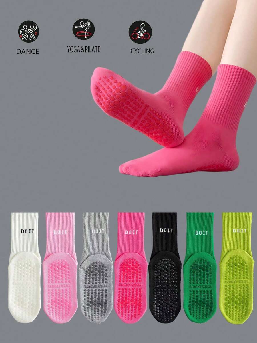 3/5/7 Paar rutschfeste Socken mit Buchstabenmuster, atmungsaktive Sport-Fitness-Yoga-Pilates-Socken bis zur Mitte der Wade, professionelle Indoor-Sport-Fitness-Yoga-Tanz-Pilates-Socken mit rutschfester Silikonsohle, Herbst - Verschiedenfarbig - Übersicht 1