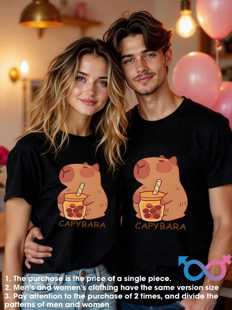 Camisetas de Capibara para Parejas - Unisex, Manga Corta, Cuello Redondo, Estampado de Capibara, Lavable a Máquina, Conjuntos a Juego para Hombres y Mujeres - Ropa Casual o Regalo (Para Él y - Negro - Ver 1