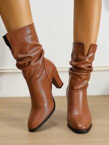 1 Pair Solid Color Retro Street Preppy Casual Punk Microfiber Leather Ankle Boots, Suitable For Office, Party, Wedding, Vacation, All Seasons - Brown - View 5