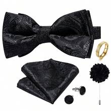 5Pcs Black Paisley Jacquard Men Accessory Set, Bow Tie Pocket Square Cufflinks Brooch Detachable Ring,Random Cufflink Patterns,Accessories For Wedding - Black - View 2