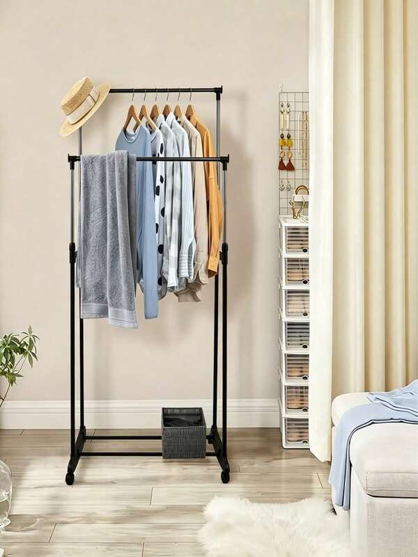 Double-Rod Floor Clothes Rack With Widened Hanging Area, Equipped With Universal Casters For Easy Movement, Stable Load-Bearing, Space-Saving, Dual-Purpose For Household Drying And Storage