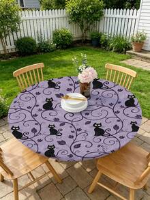 1pc Halloween Cat Milk Silk Polyester Elastic Tablecloth, Purple Washable Dining Tablecloth For Home Dining Room, Living Room, Kitchen Decoration, Suitable For Anniversary, Birthday Gift And Other Occasions - Multicolor - View 7