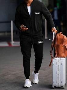 Men's Outdoor Sports Set, Comfortable Versatile Long Sleeve & Long Pants 2 Pieces Outfit Black - Black - View 1