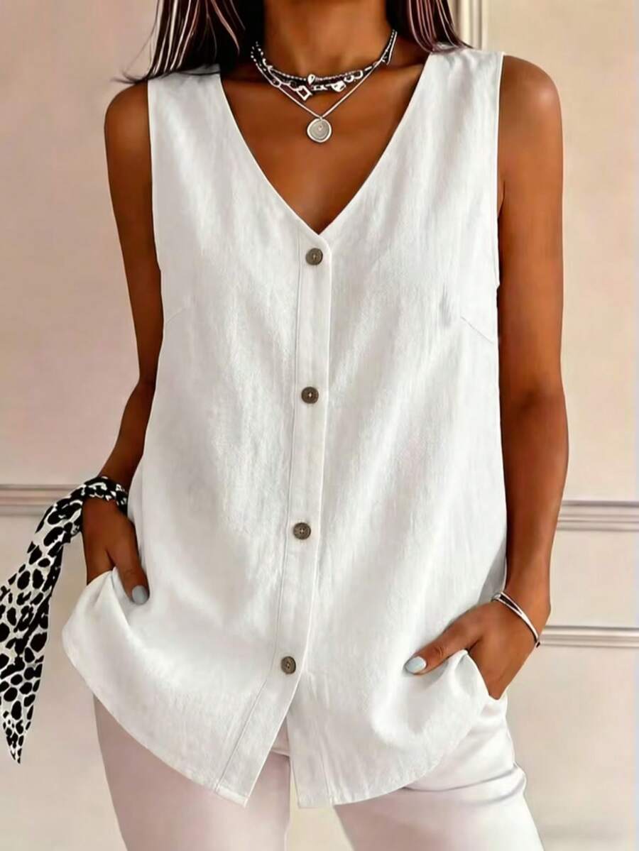 Plus Size Women's Summer Casual V-Neck Sleeveless Single-Breasted Loose Cardigan Top, Versatile Thin Top For Commuting, Elegant Top White - White - View 1