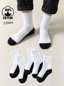 5 Paar Baumwoll Kinder Schwarze Basis Weiße Dünne Socken, vielseitige Sport & Casual Kurze Socken - Schwarz - Übersicht 9