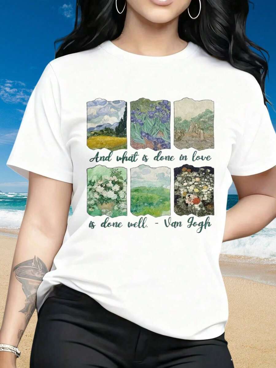 Casual Blouses For Women. Short-Sleeved Round-Neck T-Shirt For Women. T-Shirt With Van Gogh Art Quote And Inspirational Painting Design "What Is Done With Love Is Done Well" Top D - 白色 - 查看 1
