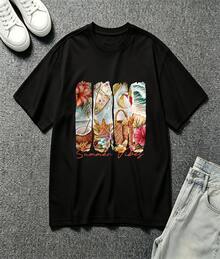 Aesthetic Watercolor Tropical Beach Coconut Surfboard Graphic Oversized Crew Neck Short Sleeve Women's T-Shirt Summer Vacation Casual Outfit Perfect Gift For Beach Holiday Lovers Teen Girls - Negro - Ver 2