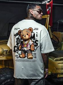 DOPE, T-shirt à manches courtes col rond pour hommes avec imprimé lettres graffiti et ours. Convient pour les sports et la fitness. Confortable et respirant. - Blanc - Voir 3