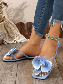 French Style Flat Floral One-Strap Slide Sandals Women's Shoes Summer Outdoor Wear New Fashion Cool Sandals Suitable For Dating Shopping Party - Blue - View 4