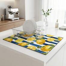 1 pieza Alfombrilla de secado de platos, Alfombrilla para cafetera, Patrón de limón acuarela con rayas azules y blancas, Altamente absorbente, Adecuada para mesa de comedor, cafetería y otras escenas, Regalo para el hogar, Encimera, Decoración de mesa de comedor - XYLSD-580 - Ver 3