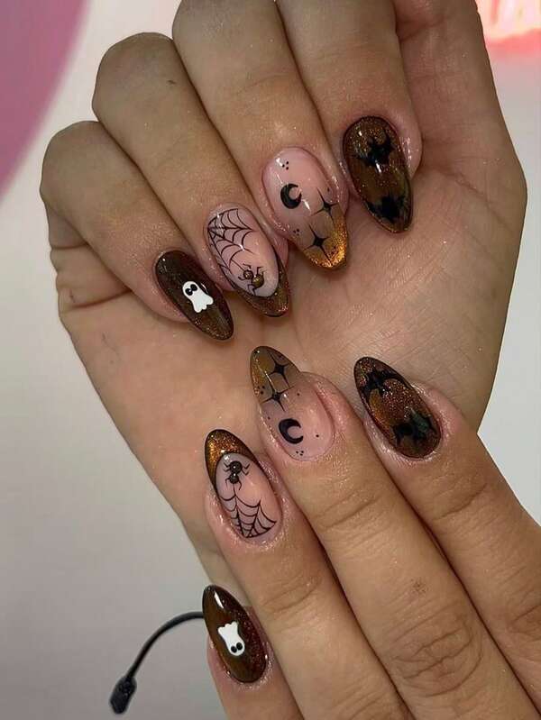 Halloween Nail Art,24Pcs Mid Almond Full Coverage Glossy Fasle Nails For Women,Ghost Bat, Four-Pointed Star, Spider's Web And Moon Design, Brown Cat's Eye Gradient French Manicure,Simple And Cute Autumn/Winter Press On Nails
