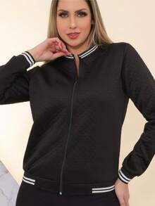 Women's Autumn/Winter Warm And Casual Padded Jacket With Round Neck - Black And White Striped Collar, Long Sleeves, Casual Coat | Zipper Jacket - 黑色 - 查看 1
