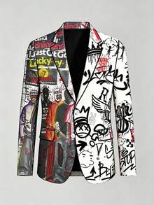1pc Men's White Base Contrast Color Graffiti Cartoon All-Over Print Long Sleeve Notch Lapel Blazer - White - View 11