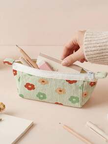 1pc Small Colorful Flowers Print Coarse Corduroy Zipper Pencil Case, Large Capacity Storage Pouch For School Stationery, Office Supplies & Personal Small Items - C-sJBD - View 14