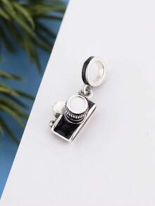 1 buc. pandantă tip bile din argint sterlin S925, cameră vintage, charm 3D SLR din email negru și alb, pentru brățară DIY cu lanț tip șerpente, bile argintii cu email negru - Argint - Vizualizare 3