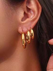 1 Par de Brincos de Argola Redonda Grossa - Brincos Femininos de Estilo Luxo da Moda, Adequados para Festas, Encontros e Uso no Trabalho. Brincos Femininos, Brincos Dourados, Brincos de Verão, Brincos de Aço Inoxidável, Brincos Elegantes, Brincos Pendentes. Estilo Luxo da Moda, Adequado para Mulheres Usarem, Aplicável para Festas, Encontros e Ocasiões de Trabalho em Escritório - Dourado - Visão 5