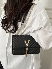 女款時尚純色PU皮革絎縫單肩包，多功能翻蓋鏈條斜挎包，適合派對與晚宴，新款休閒方型度假旅行手機零錢包，適合白領與學生日常通勤 - 黑色 - 查看 5