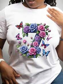 Camiseta de Mujer con Estampado de Energía Positiva - Diseño Floral y de Mariposas, Transpirable, 100% Casual, Cuello Redondo, Tallas 0XL-5XL, Cómoda para Todas las Temporadas, Camiseta de U - Blanco - Ver 1