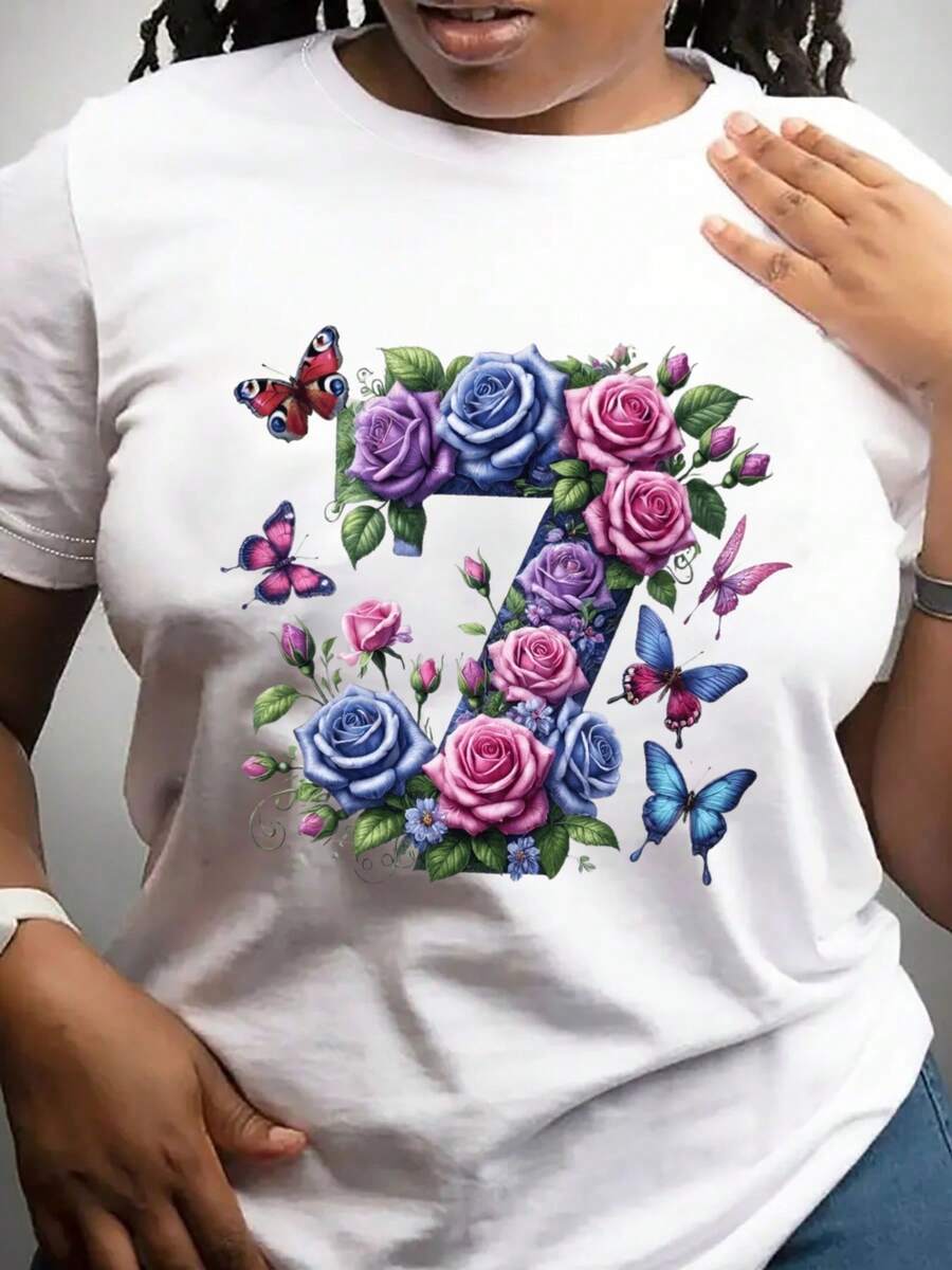 Camiseta de Mujer con Estampado de Energía Positiva - Diseño Floral y de Mariposas, Transpirable, 100% Casual, Cuello Redondo, Tallas 0XL-5XL, Cómoda para Todas las Temporadas, Camiseta de U - Blanco - Ver 1