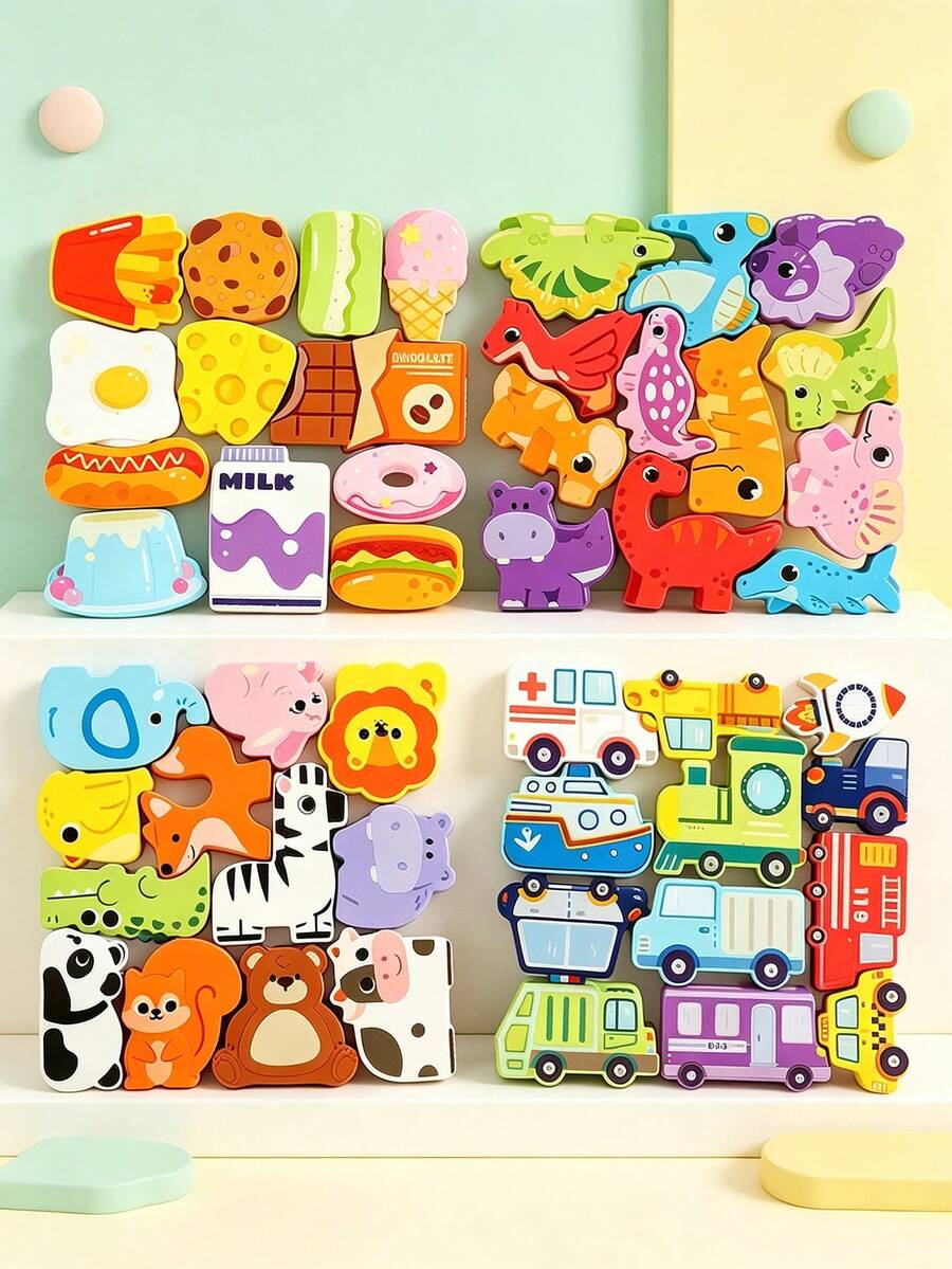Early Childhood Wooden Puzzle Toys, Animal Shaped 3D Jigsaw Puzzles, Wooden Dinosaur, Animals, Transportation, Food Puzzles To Train Fine Motor Skills And Logical Thinking,Wooden Toys For 3+ Year Old - Multicolor - View 1