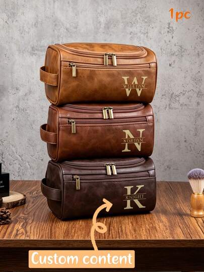 1pc Personalized Men's Leather Toiletry Bag, Customizable Name, Waterproof Shaving Bag, Hanging Cosmetic Bag, Perfect Gift For Groomsmen And Father's Day, Toiletry Bag, Wedding Travel Bag, Valentine's Day Gift, Shaving Kit, Men's Gift, Gift For Dad, Gift For Him, Anniversary Gift