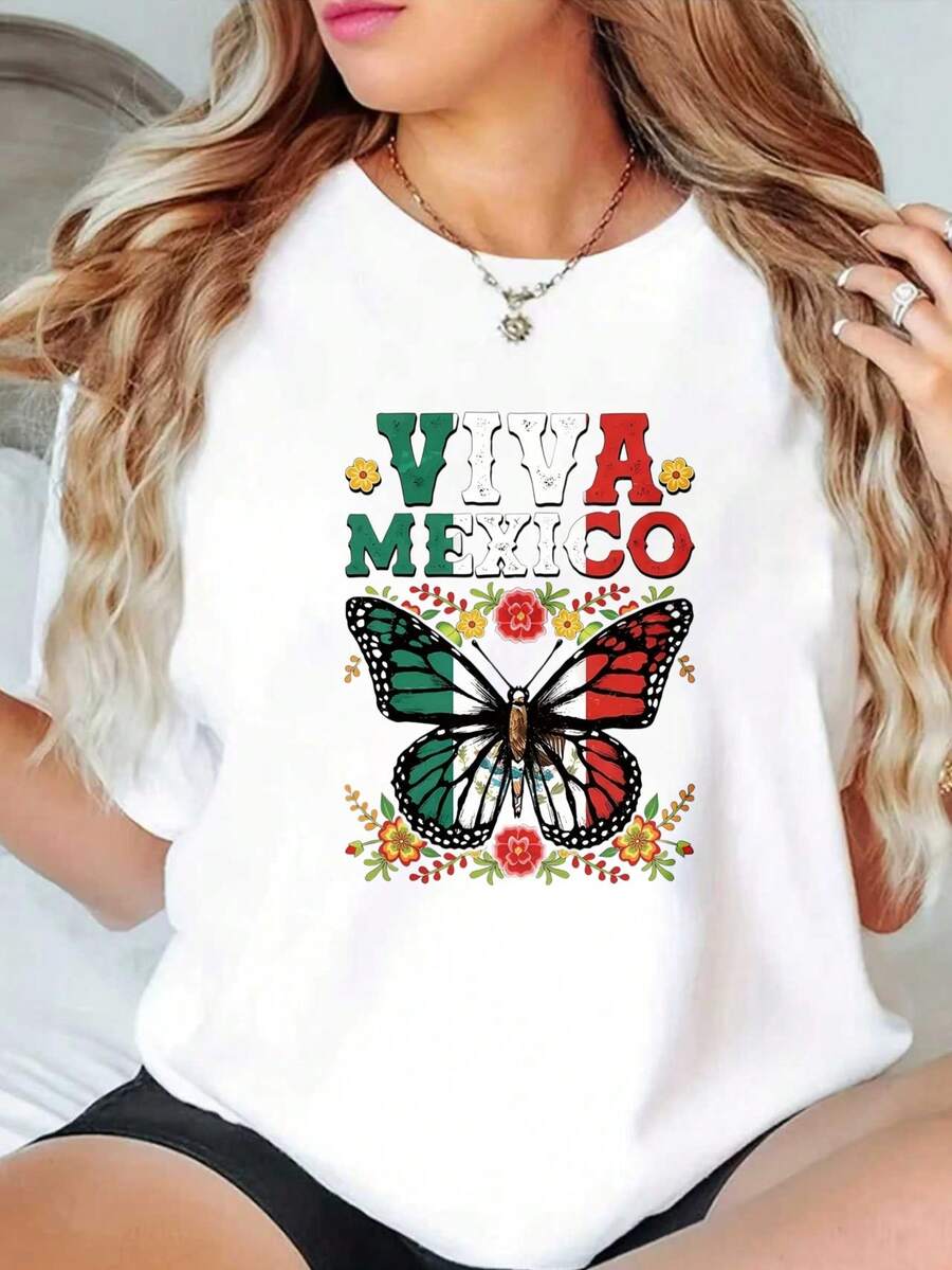 Camiseta Casual de Manga Corta y Cuello Redondo para Mujer con Estampado de Mariposa de la Bandera Mexicana, Adecuada para Verano y Primavera - Blanco - Ver 1