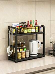 1pc Double Layer Large Capacity Spice Rack, Kitchen Cabinet Organizer, Kitchen Countertop Multi-Functional Storage Rack, Home Storage Rack, Spice Jar Storage Rack With Hook Accessories - Black - View 8