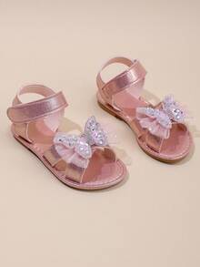 1 Pair Of Girls' 3D Mesh And Rhinestone Butterfly Glitter Hook And Loop Open-Toe Flat Sandals, Sweet Princess Style, Perfect For Everyday Summer Wear. - Pink - View 4