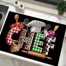 1pc Home Decor Chef Pattern Printed Dish Drying Mat, Coffee Machine Absorbent Mat, Sink Drainage Mat, Cup Absorbent Mat, Kitchen Supplies, Bathroom Supplies, Kitchen Countertop Decor - Multicolor - View 4
