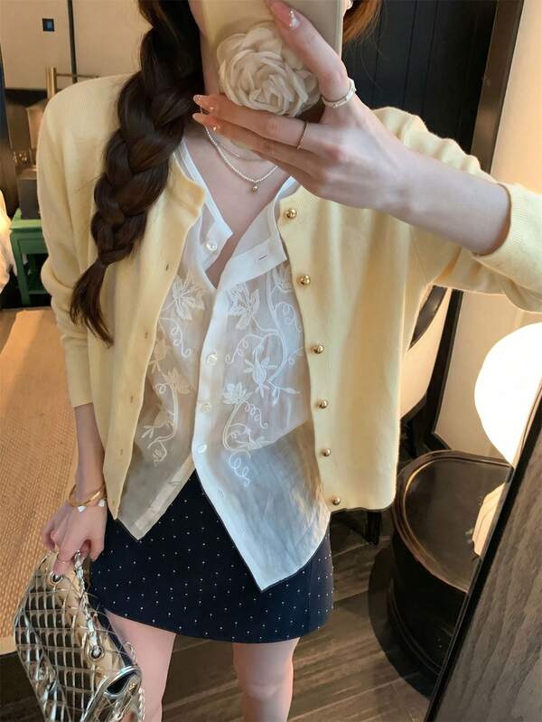 Herbst/Winter Casual Koreanischer süßer Stil minimalistischer Rundhalspullover, figurbetont schlanker vielseitiger kurzer Langarm-Top, sanft elegante Allround-Tragejacke/Oberbekleidung