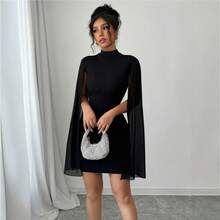 Women's Black Sheer Mesh Bodycon Dress With High Neck And Cape Sleeves, Modern And Sexy Women's Clothing. - 黑色 - 查看 5